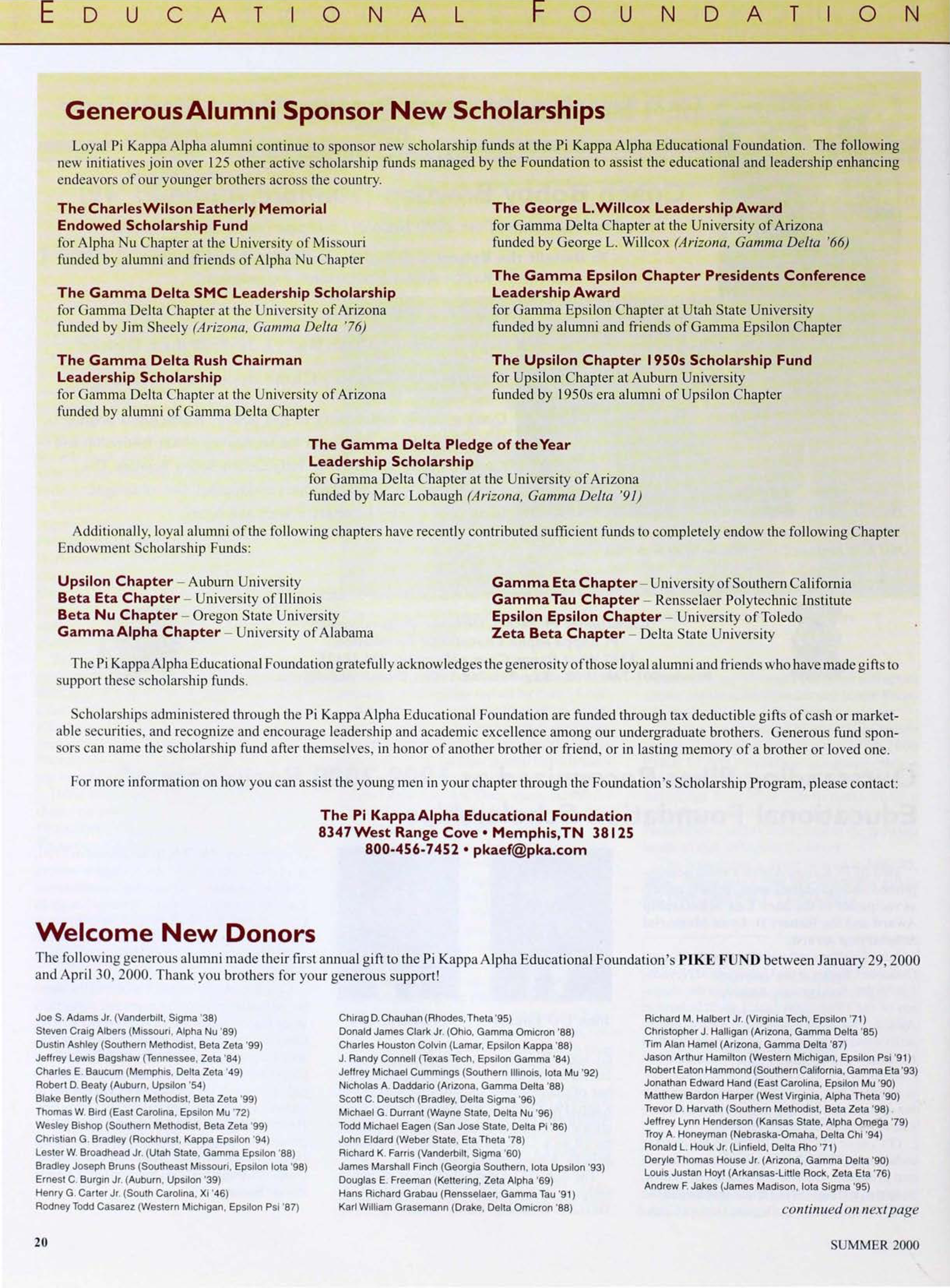 Educational Foundation: Welcome New Donors, Summer 2000
